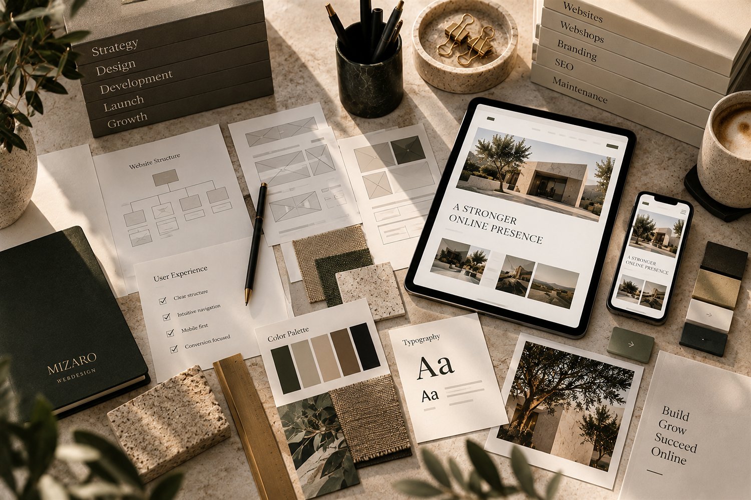 Paginaontwerpen en een tablet met een ontwerp voor een sterkere online aanwezigheid