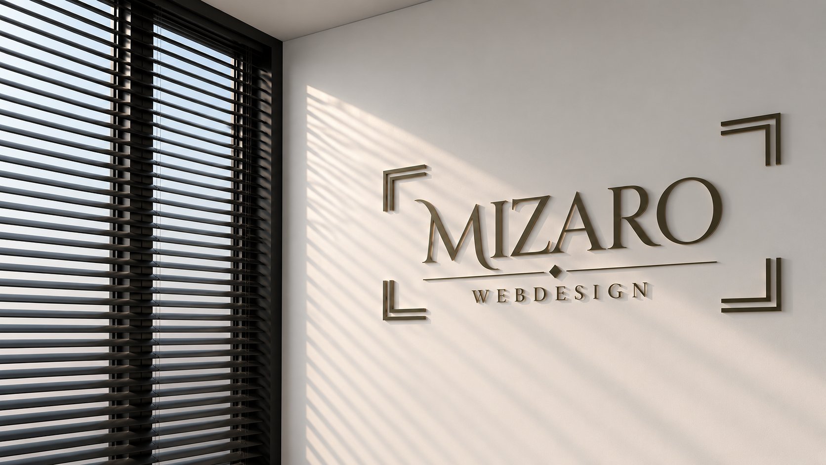 Het logo van Mizaro Webdesign op een lichte wand naast een raam met jaloezieen