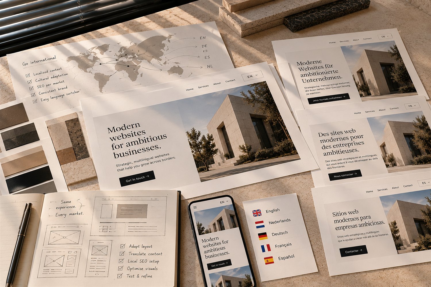 Paginaontwerpen in meerdere talen naast elkaar, met de bijbehorende vlaggen