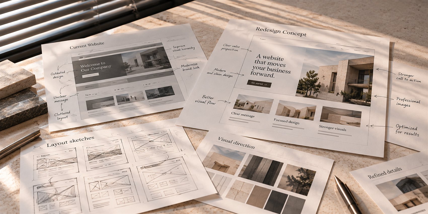 Schetsen en ontwerpen naast elkaar: de bestaande opzet links, het nieuwe ontwerp rechts