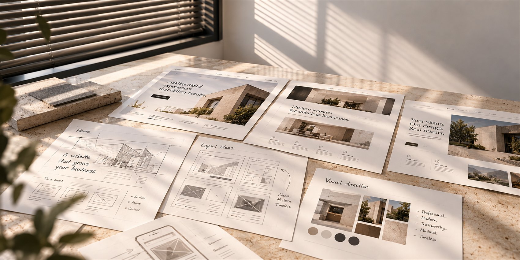 Uitgewerkte paginaontwerpen voor een nieuwe website, naast elkaar op een werktafel